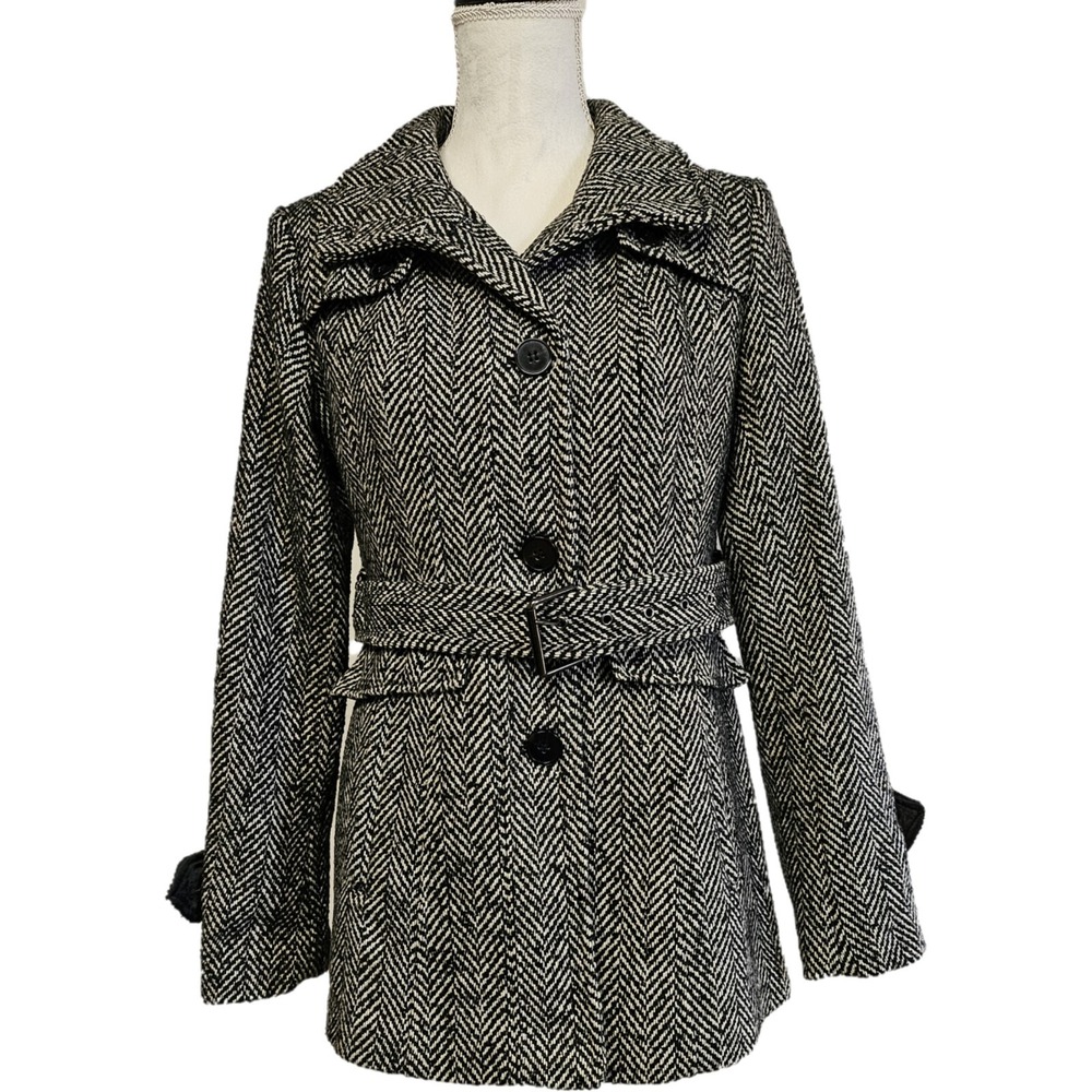 Nicole Miller Black And White Herringbone Belted Single Breasted Coat Size S